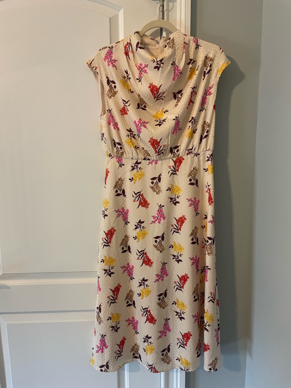 Ann Taylor Ivory Midi Dress with Pink, Yellow & Red Floral Accents